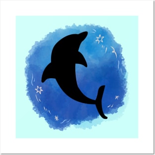 watercolor with dolphin silhouette Posters and Art